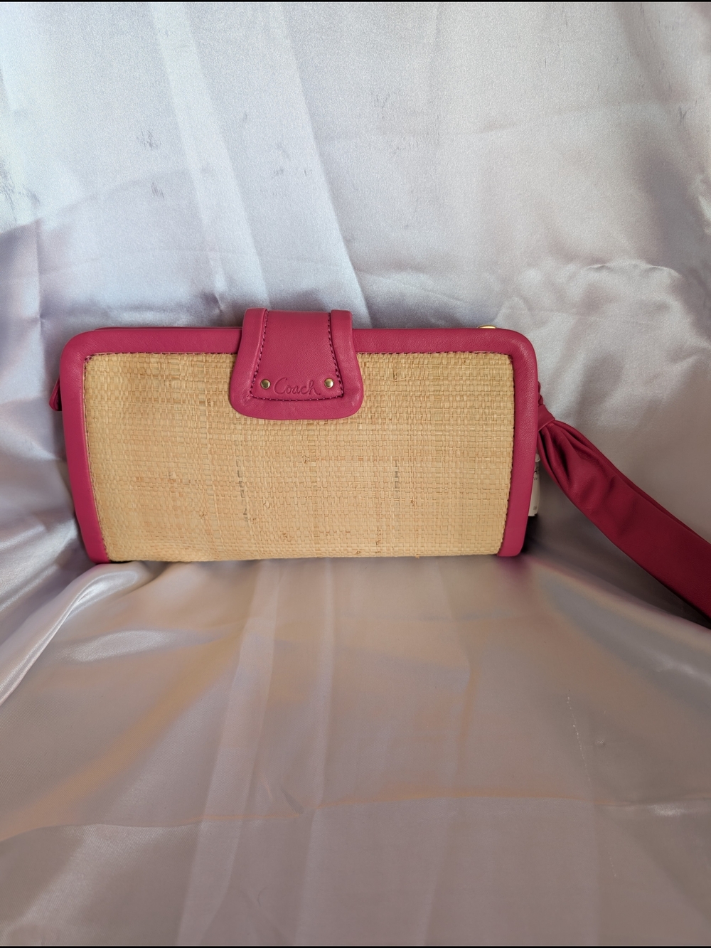 Coach Parker Straw & Pink Leather Turnlock Clutch Wristlet #42474 - Picture 6 of 6